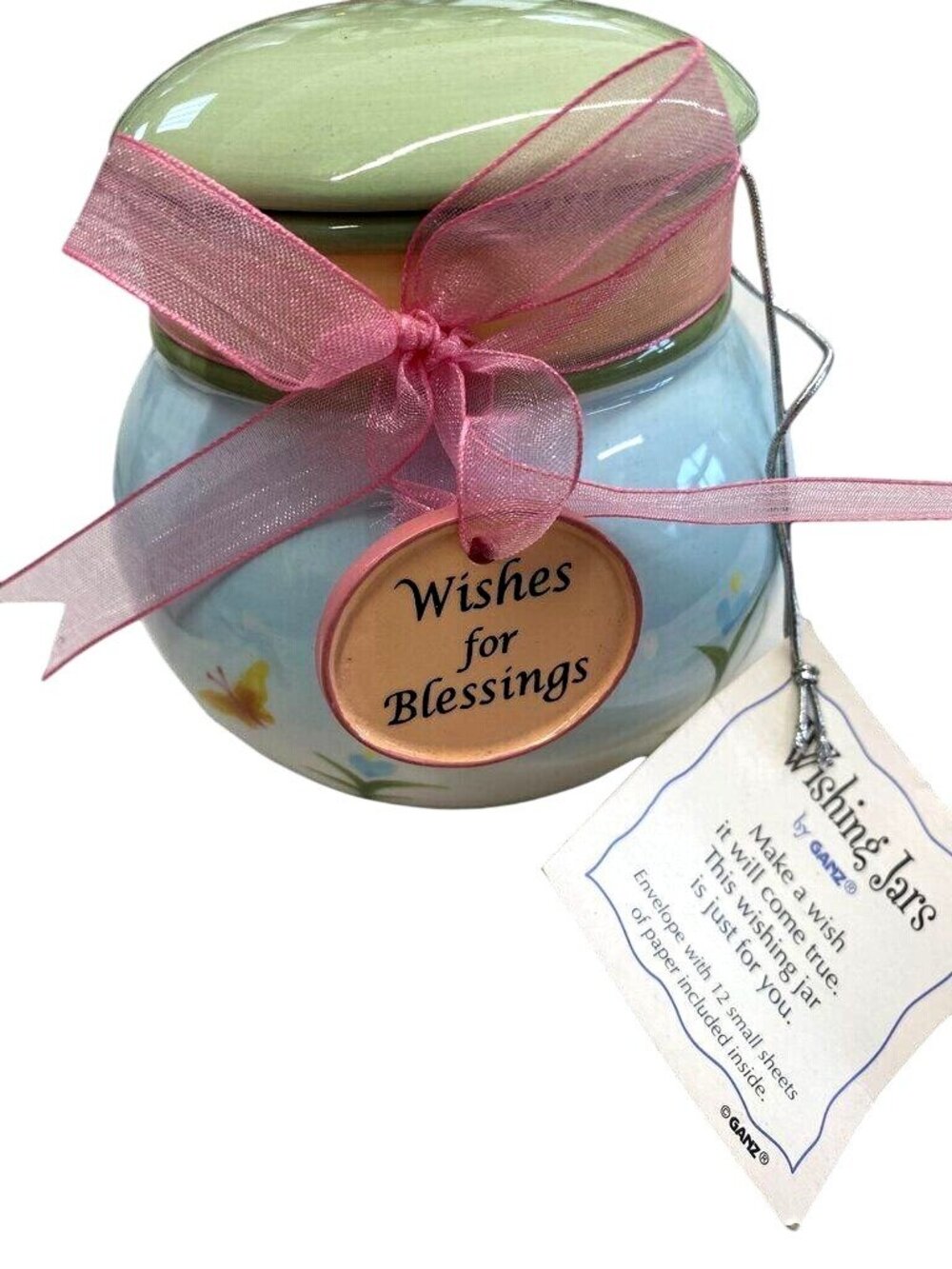 Wishing Jar With "Wishes For Blessings" Butterfly  Green Lid Pink Ribbon By Ganz